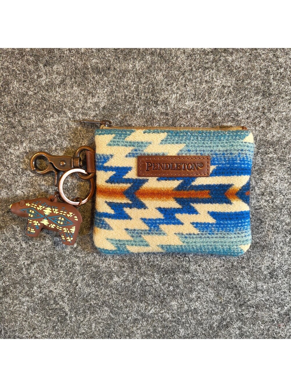 Pendleton Wool Coin Purse Key Chain ID Holder Blue Geometric Bear Charm